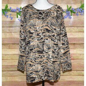 Chico's Brown Abstract 3/4 Sleeve Thin Knit Top Sweater Size 2 US L Boat Neck